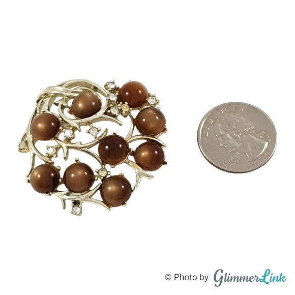 Vintage Coro Brown Lucite Moonstone Cabochons Rhinestones Gold Tone Brooch - Picture 7 of 9